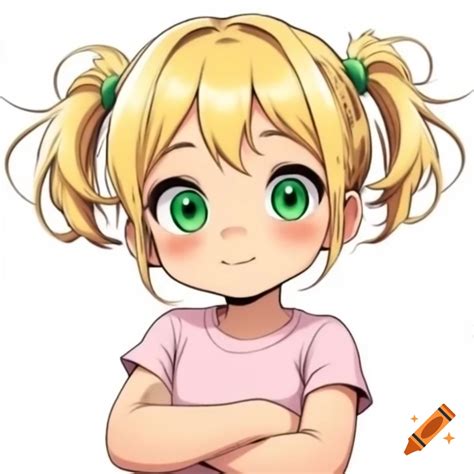 Anime girl with blonde hair and green eyes, arms crossed wearing pink t ...