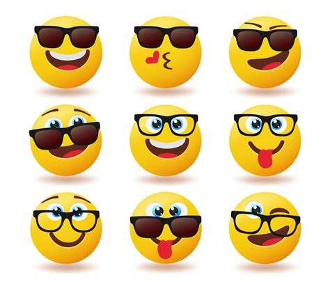 Emoji sunglasses emoticon vector set. Emojis smiley in cool shades with ...