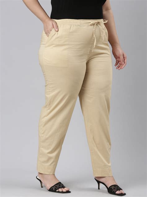 Women Solid Dark Cream Comfort Fit Cotton Pants
