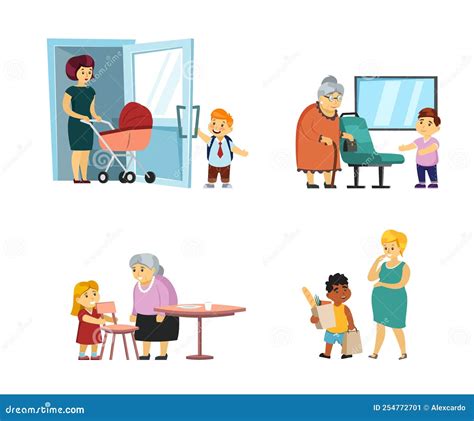 Polite Children. Good Manners Kids Helping And Giving Way To Adults. Vector Cartoon Characters ...