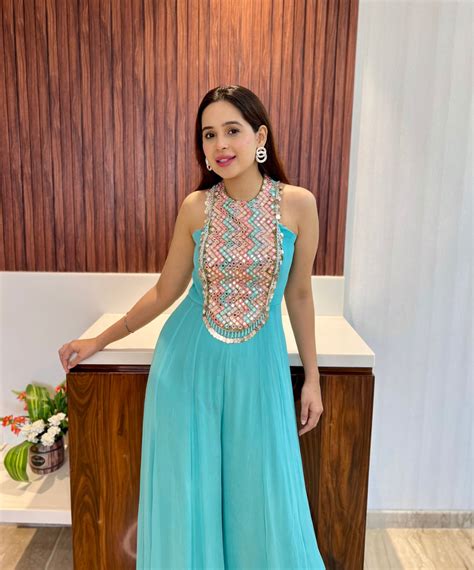 Ocean blue jumpsuit with multicolor handwork detailing – thebombbaewardrobe