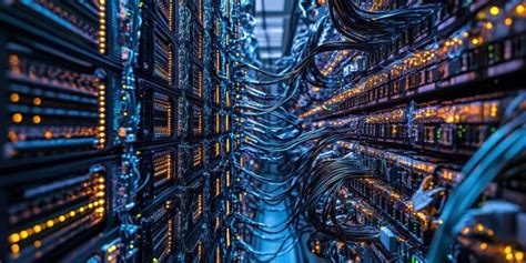 Massive display of network cables connecting servers to global networks ...