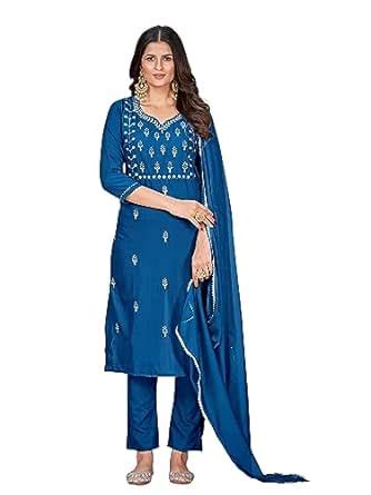 Naixa Women's Blue Slub Rayon Embroidered Worked Straight Kurta with ...