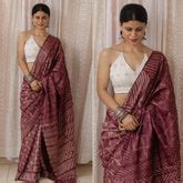Pure Linen Digital Print Brown Color Saree, Party Wear