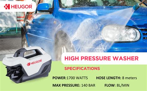 HEUGOR H3 High Pressure Car Washer 1700W,140 bar, 8 LPM Pump for Steady ...