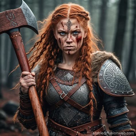 a viking female warrior in lether armor with a battle axe engraved with ...