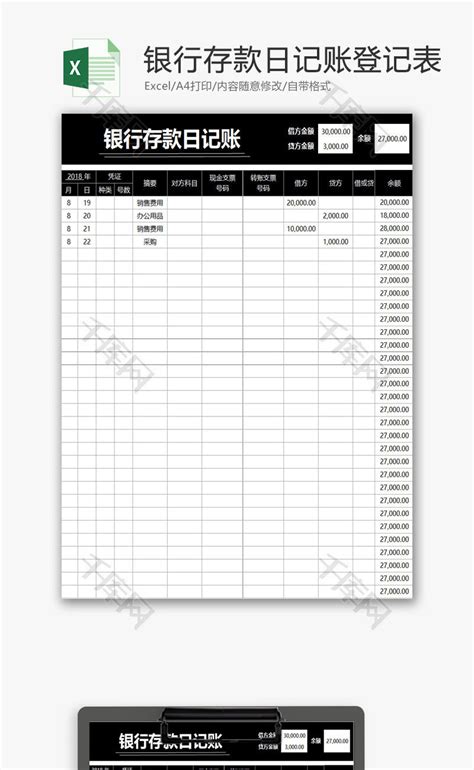 财务报表银行存款日记账登记Excel模板_千库网(excelID：76776)