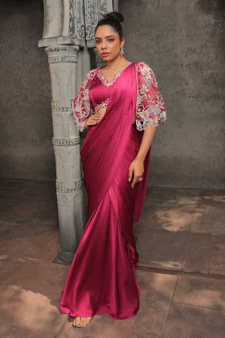 Buy Pink Satin, Net Beads, Sequins, Pearls Solid Pre-draped Saree Set ...