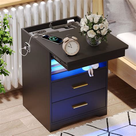 Nightstand with Gun Drawer Charging Bedside Table with USB & Type-C ...