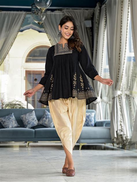 Black Ethnic Cotton Tunic & Dhoti Pant Set with Zari Embroidery ...