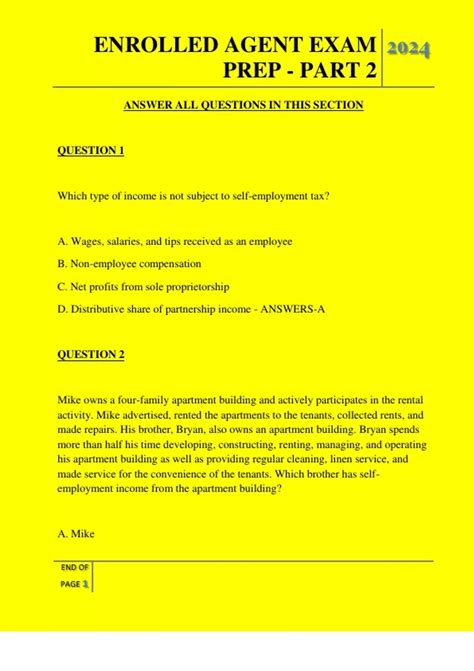 ENROLLED AGENT EXAM PREP - PART 2 QUESTIONS AND ANSWERS 2025 - ENROLLED ...