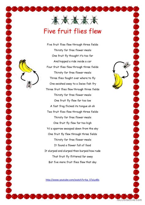 Five fruit flies flew. song and nurs…: English ESL worksheets pdf & doc