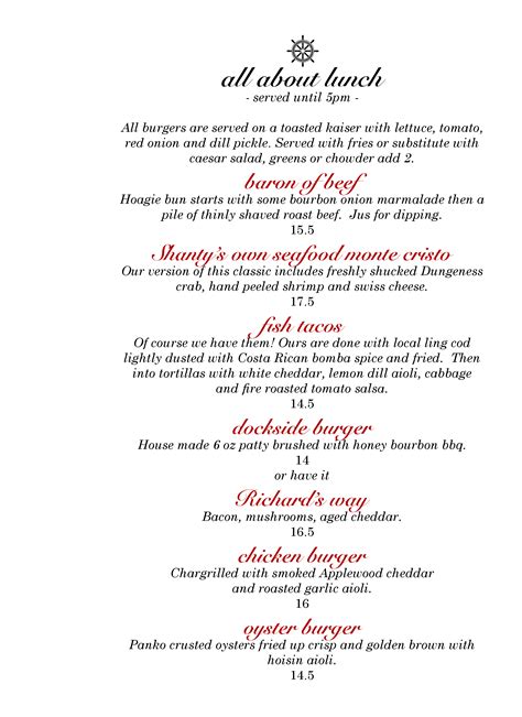 Menu at Sea Shanty Restaurant, Tofino