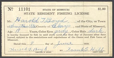1919 Missouri State Resident Fishing License - Waterfowl Stamps and More