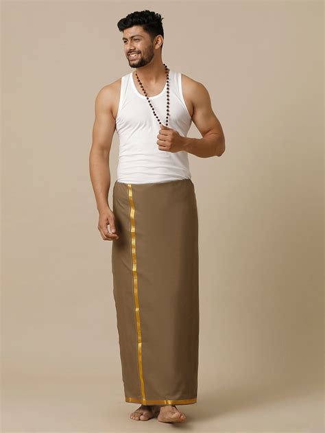 Men Cotton Blend Single Layer Brown Dhoti with Gold Jari Border Cosmic 12