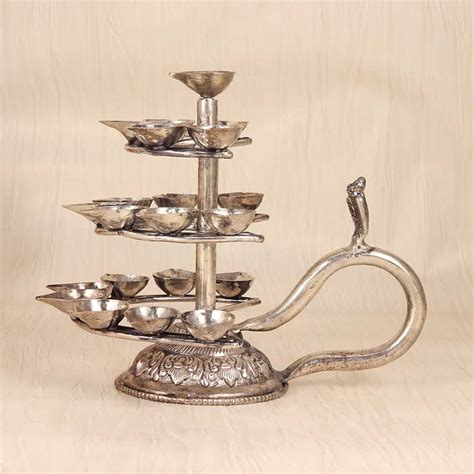 Traditional Indian Brass Aarti Oil Lamp in Silver Finish for Decor