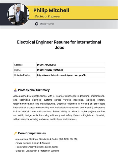 Free Electrical Engineer Resume for International Jobs Template to Edit Online
