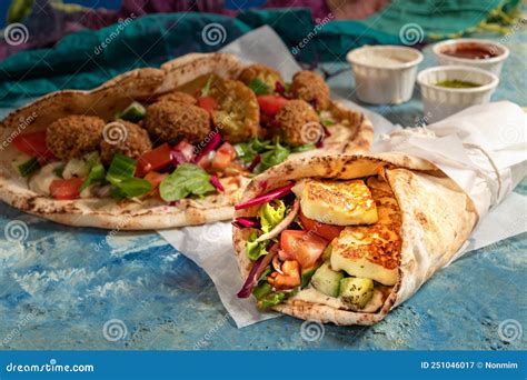 Traditional Mediterranean Arabic Grilled Halloumi and Falafel, Hummus ...