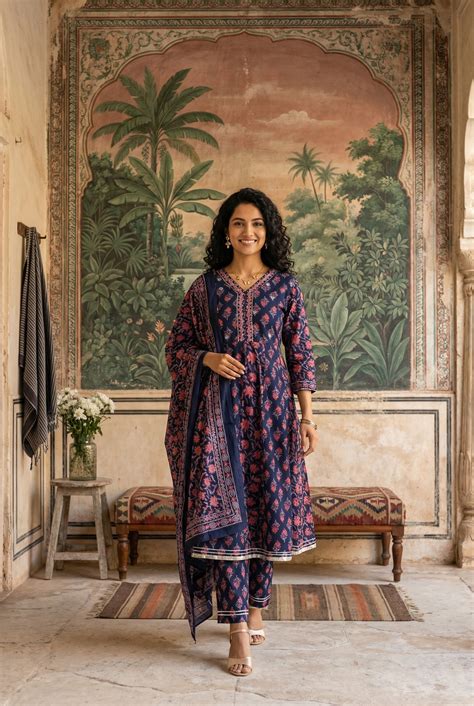 Buy Blue Color Round Neck Flared Printed Pure Cotton Kurta Set For ...