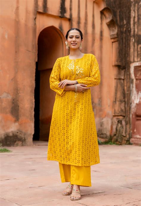 Yellow Cotton Schiffli Work A-Line Kurta Set With Real Mirror Work-Set ...