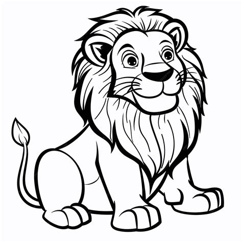 Black and white illustration of a cute cartoon lion sitting | Premium ...