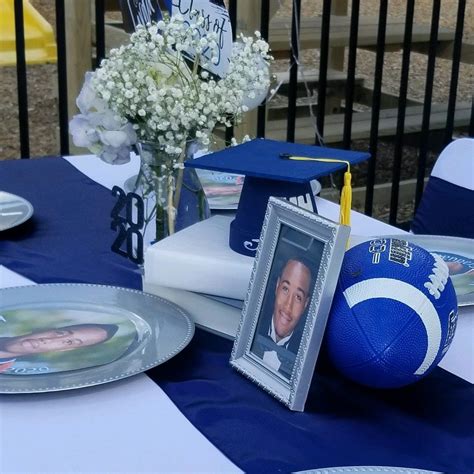 Graduation party idea for Male | Blue and white graduation centerpieces ...