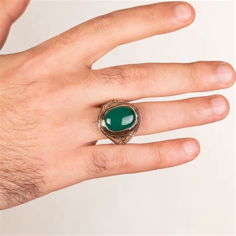 Sterling Silver Ornamented Mens Ring with Green Agate Stone