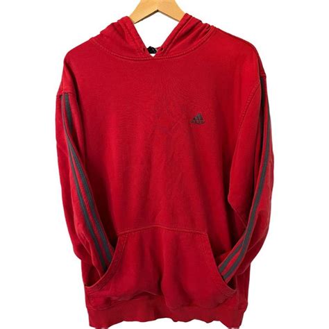 ADIDAS Mens Classic Red & Black 3-Stripe Pullover... - Depop