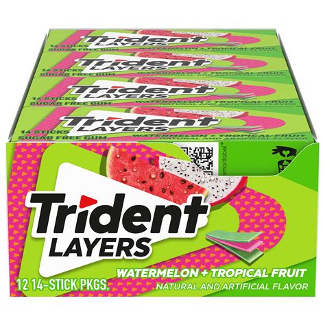 Trident Layers Watermelon & ESF27 Tropical Fruit Sugar-Free Chewing Gum ...