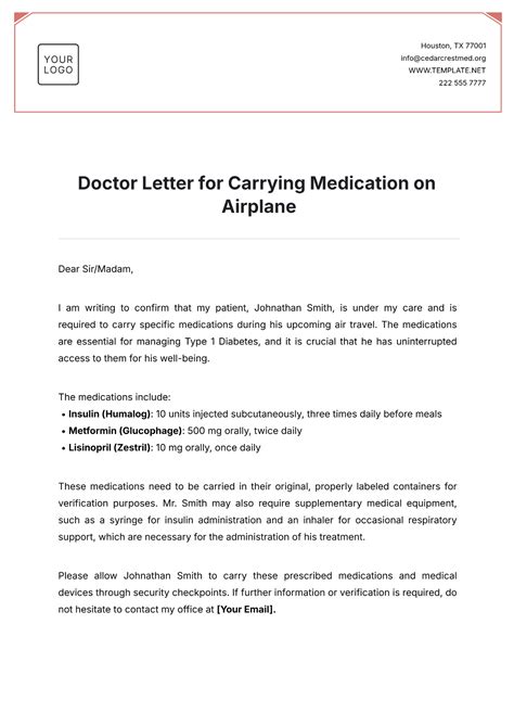 Free Doctor Letter for Carrying Medication on Airplane Template to Edit ...