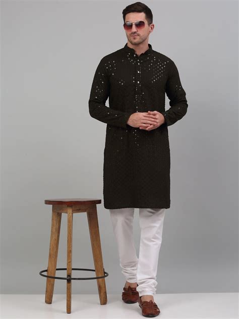 Men Mehndi Green Chikankari Embroidered and Sequence Kurta with Churid ...