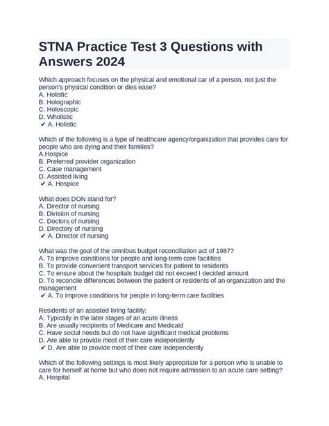 STNA Practice Test 3 Questions with Answers 2024 | Exams Nursing | Docsity