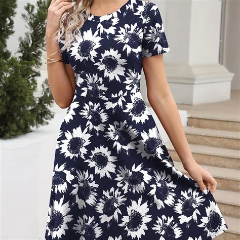 Elegant Retro A-line Dress, Short Sleeve Casual Dress For Spring ...