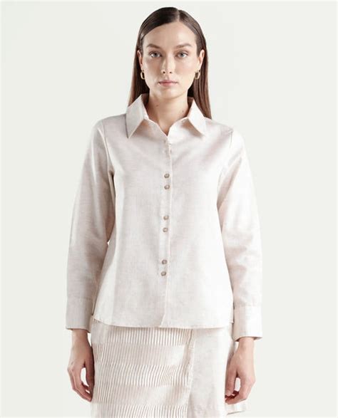 Rareism Women's Lippta Beige Polyester Spread Collar Plain Cuffed Slee