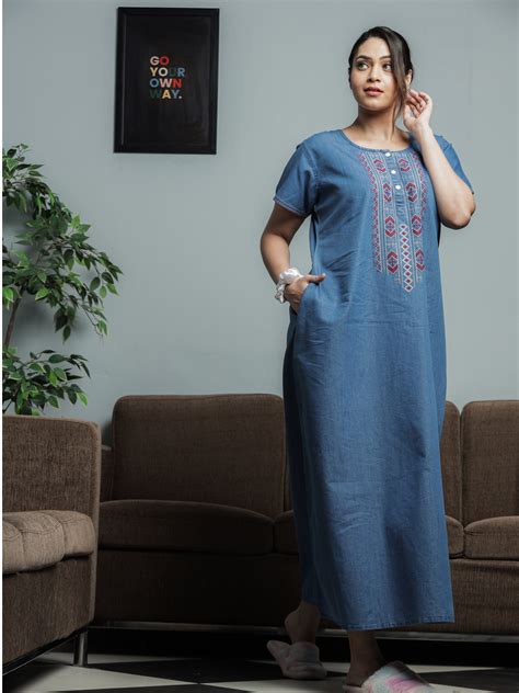 Buy Trendy Embroidery Neck Sky Blue Denim Nighty for Women – 9shines label