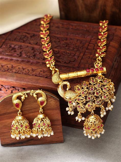 Shop Rubans Gold Toned Peacock Embellished Necklace Set Online at Rubans