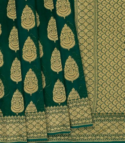 Dark Green Banarasi Khaddi Georgette Saree With Floral Motifs-Dark Gre
