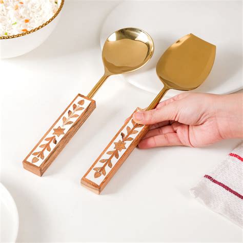 Set Of 2 Artisanal Gold Finish Serving Spoons Online - Premium Serving ...