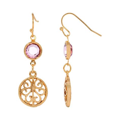 1928 Gold Tone Light Purple Crystal Filigree Drop Earrings