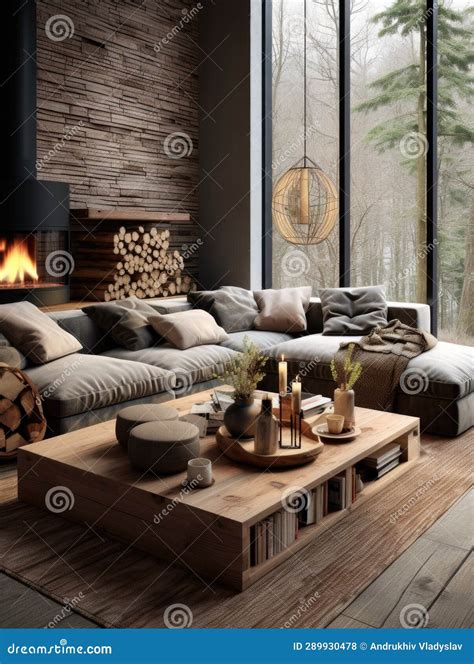 Hygge Interior Design of Modern Living Room with Rustic Furniture Stock ...