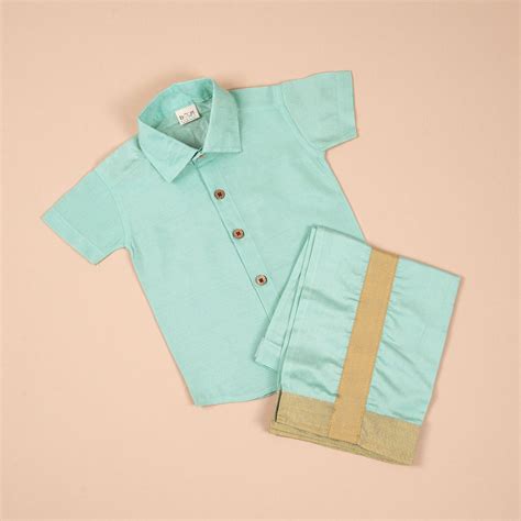 Teal Blue Silk Dhoti Shirt Set for Boys (12M–5Y) | Onam Festival Wear ...