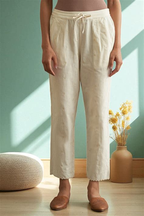 Buy Ecru Solid Straight Pants @ 1999 | W for woman – wforwoman