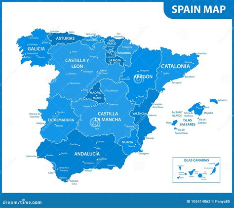 The Detailed Map of the Spain with Regions or States and Cities ...