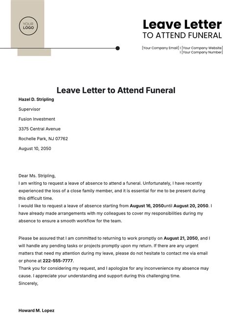 Free Leave Letter to Attend Funeral Template to Edit Online