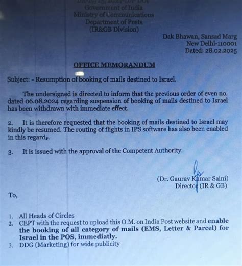 Resumption of booking of mails destined to Israel in Post Office
