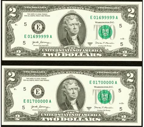 El valor de un par de billetes de 2 dólares de 2017 con número de serie ...