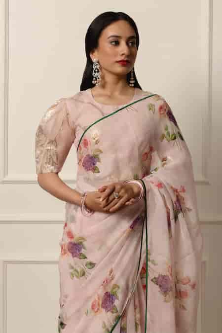Buy Pink Lurex, Chiffon Contrast Hem Saree With Unstitched Blouse Piece ...