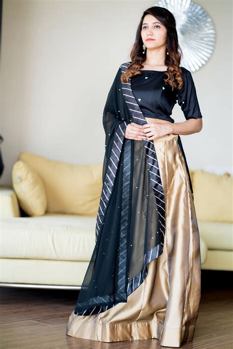 Women Gold Black Lehenga Choli With Moti Work Dupatta- Adiba Fashion ...