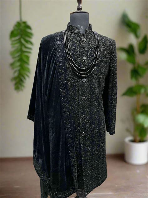 Men's Exclusive Black Handcrafted Sherwani Set - KPH Outfits – Kph ...
