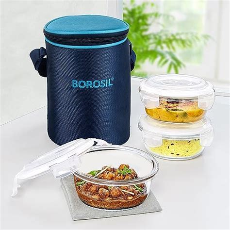 Buy Borosil - Glass Lunch Box Set Of 3, Clear, 320 Ml, Microwave Safe ...